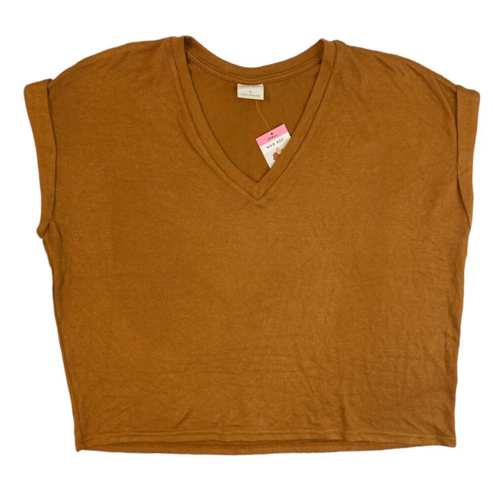 Mod Ref Women's Rolled Cuff Short Sleeve V-Neck Top - Rust